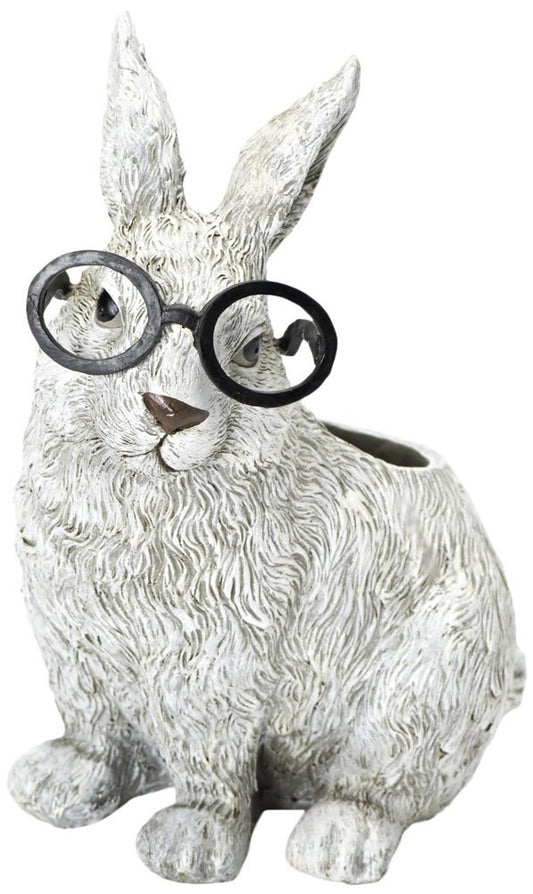 Roman Exclusive White Rabbit Wearing Silly Black Spectacles Planter 9-Inch Made of Dolomite/Resin