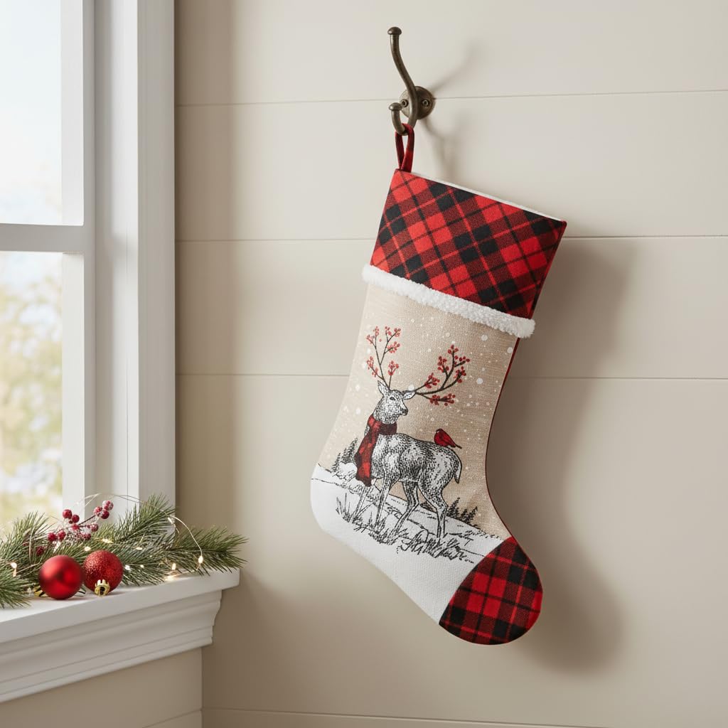 Comfy Hour Joyful Holiday Collection 20" Christmas Wreathed Reindeer Stocking, Polyester