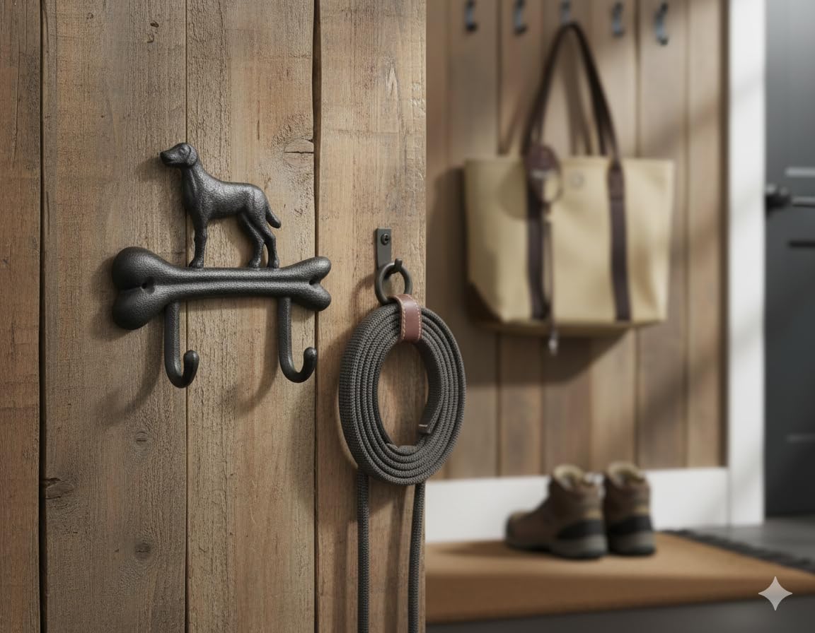 Comfy Hour Cast Iron Dog On Bone Double Key Coat Hooks Clothes Rack Wall Hanger, Heavy Duty Recycled