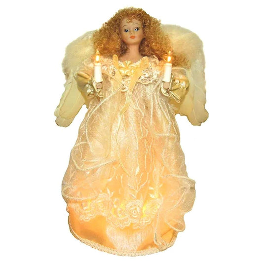 Kurt Adler UL 10-Light Angel Christmas Treetop Figurine with Fabric Hair 12-Inch Ivory