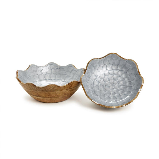 Two's Company Shimmering Blue Hand Crafted Scalloped Edge Wood Bowl, Set of 2, Mango Wood