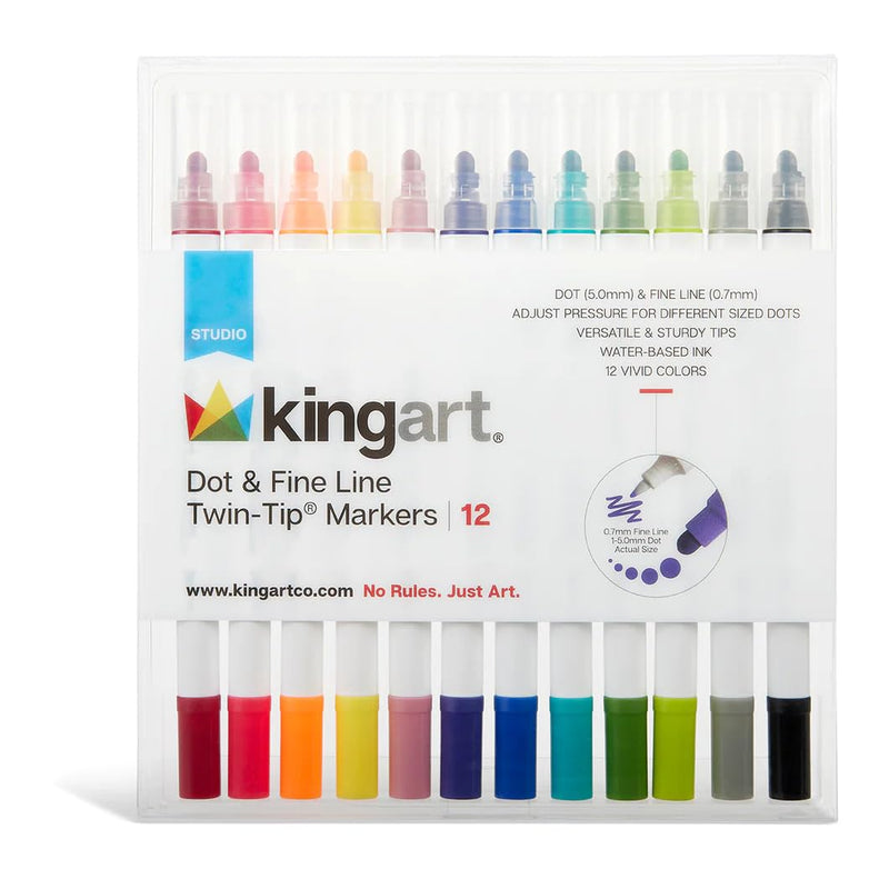 KINGART Studio Dot & Fine Twin-Tip Markers, Set of 12, Unique Colors