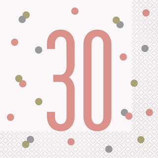 Unique 84882 30th Birthday Lunch Paper Napkins - 6.5" x 6.5" | Glittery Rosegold | 16 Pcs, Rose Gold, Age 30