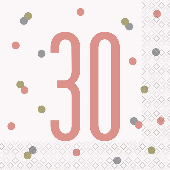 Unique 84882 30th Birthday Lunch Paper Napkins - 6.5" x 6.5" | Glittery Rosegold | 16 Pcs, Rose Gold, Age 30