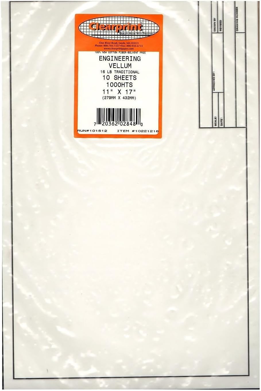 Chartpak Clearprint Vellum Sheets with Engineer Title Block, 11x17 Inches, 16 lb, 60 GSM, 1000H 100% Cotton, 10 Sheets/Pack, Translucent White (10221216)