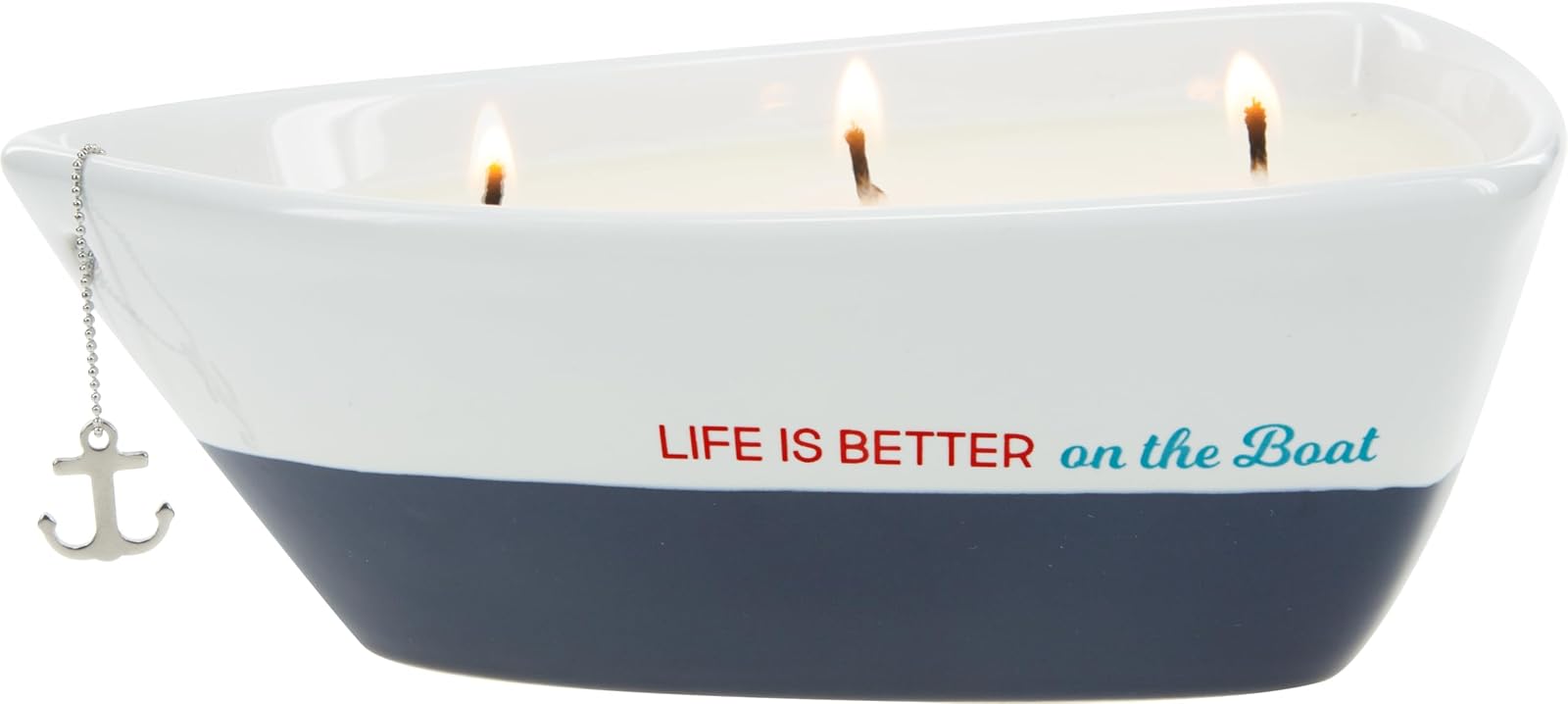 Pavilion Gift Company Life is Better 10 Oz Triple Wick Candle in Ceramic Boat Dish, Blue