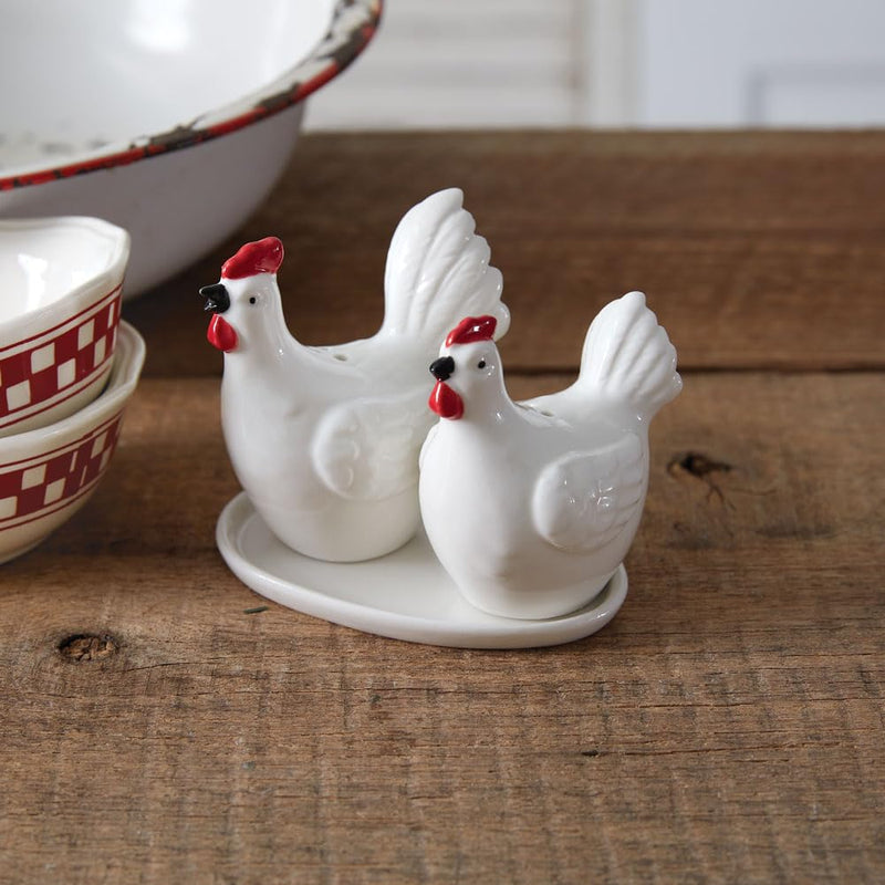 Colonial Tin Works Hen and Rooster Salt and Pepper Shakers with Egg Plate, 3.25-inch Height, Home, Home Décor