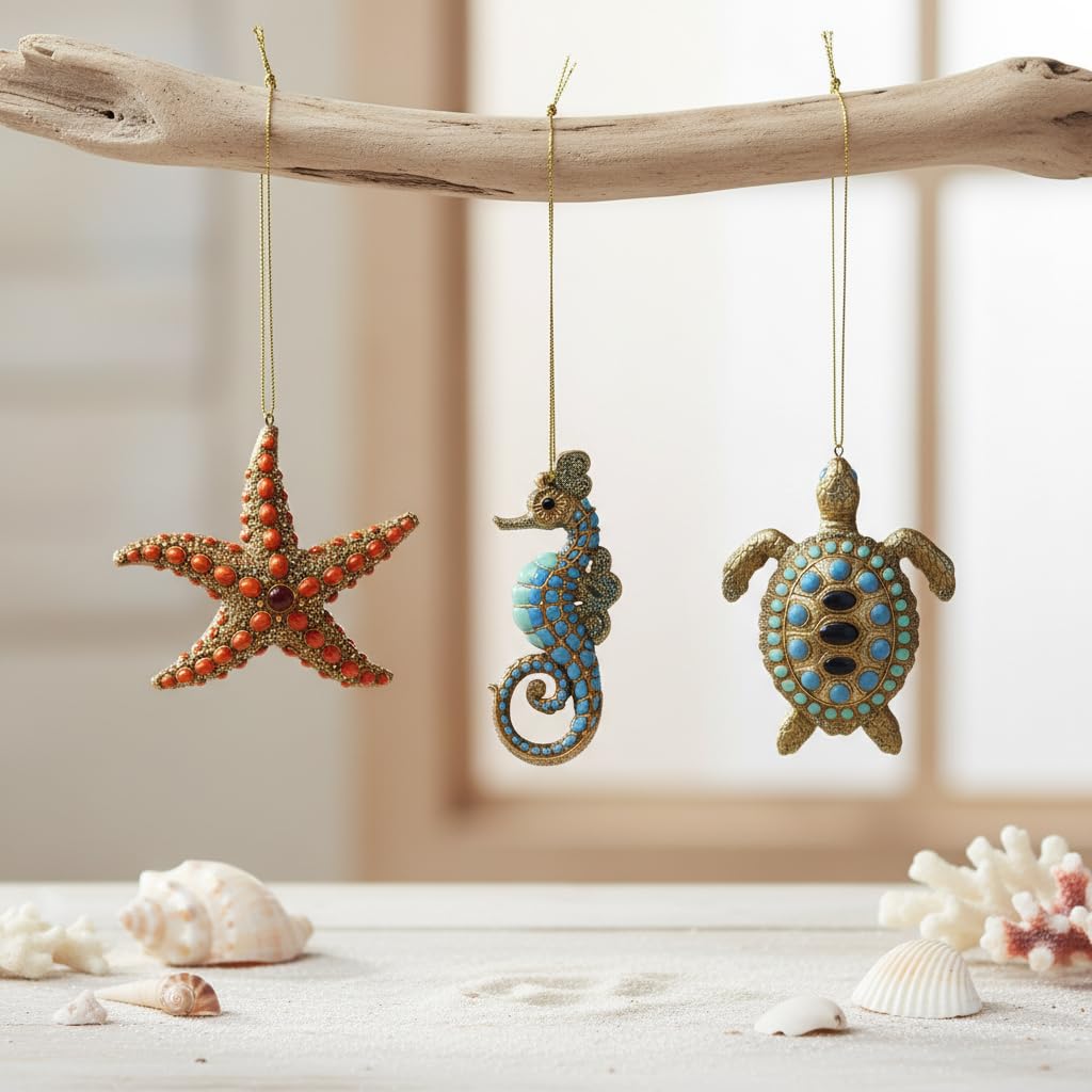 Comfy Hour Under The Sea Collection Set of 3 Resin Ocean Wild Animal Seahorse Starfish Turtle Christmas Tree Ornaments