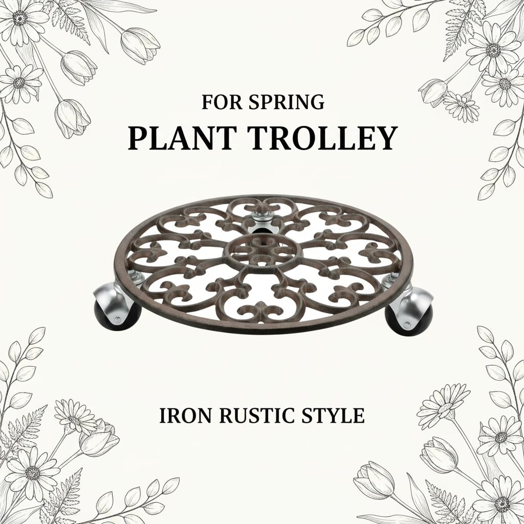 Comfy Hour 12" Cast Iron Plant Trolley Flowerpot Holder, Fixed with Heavy Duty Super Strong Industrial Strength Iron Wheels