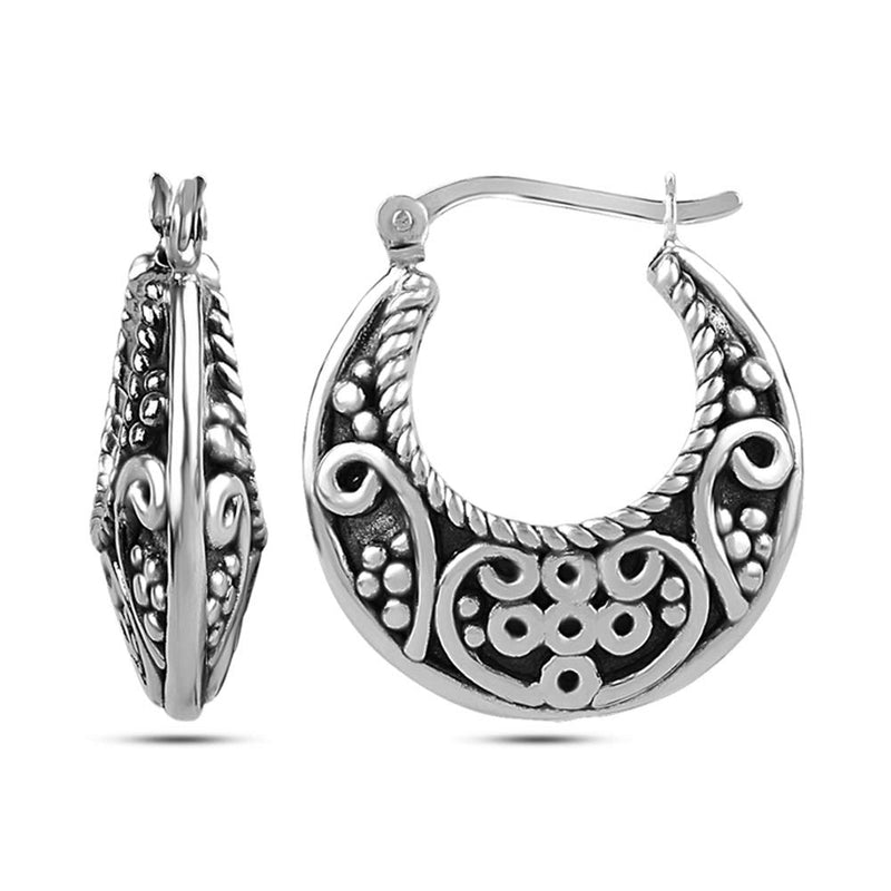 LeCalla Sterling Silver Jewelry Oxidized Polished Electroforming Puffy Filigree Bali Hoop Earrings for Women Teen