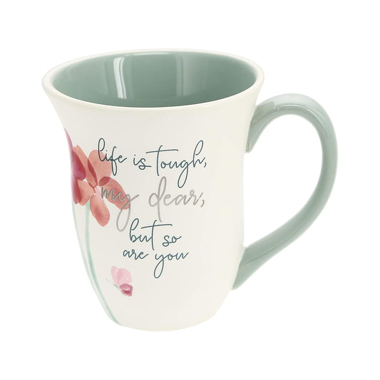 Pavilion - Life Is Tough My Dear - 16-ounce Large Coffee Cup with Floral Pattern Design, Daughter Gift Idea, Friend Mug, Unique Valentines Day Gifts, 1 Count, 5.5 x 4.75-Inches, White & Teal