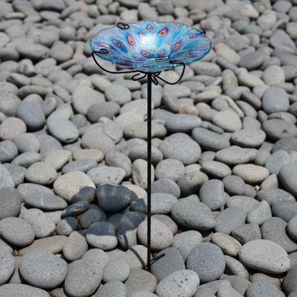 Comfy Hour Peacock Decor Collection 28" Peacock Glass Top Birdbath Birdfeeder Metal Art Garden Stake