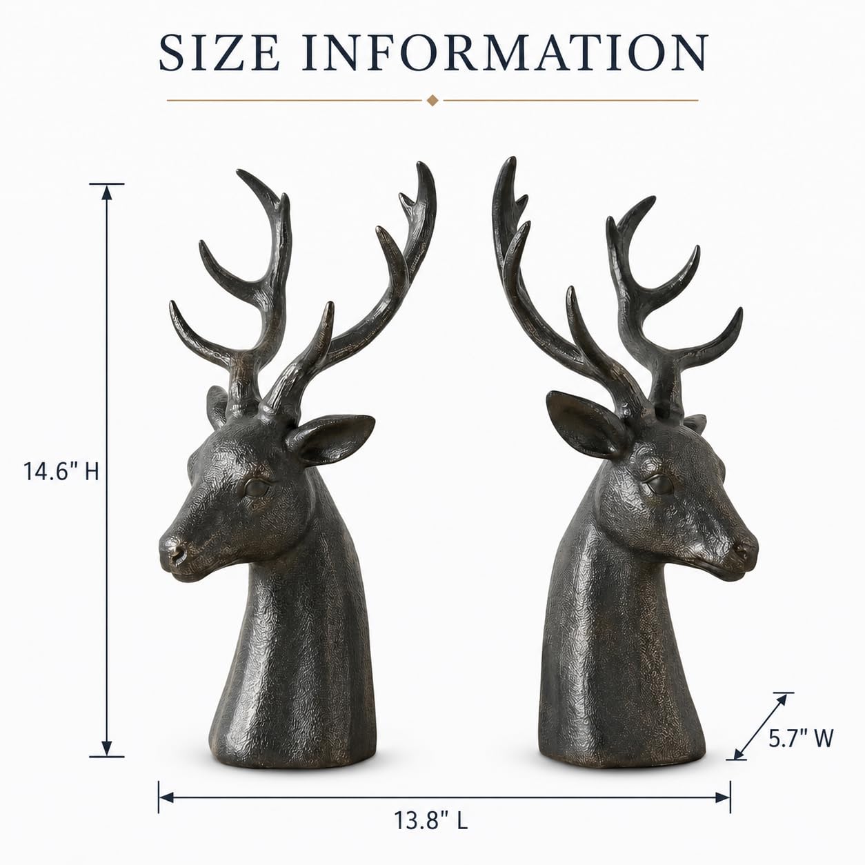 Comfy Hour Farmhouse Collection Resin Set Of 2, Deer Head Art Bookends, Solid Heavy Weight, Black