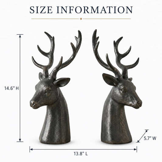 Comfy Hour Farmhouse Collection Resin Set Of 2, Deer Head Art Bookends, Solid Heavy Weight, Black