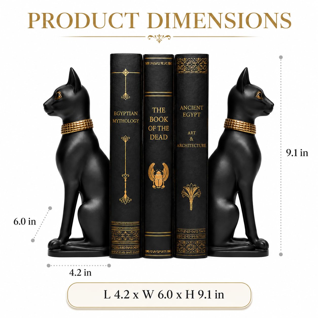 Comfy Hour Farmhouse Home Decor Collection Polyresin Solid Heavy Set of L/R Egyptian Cats Art Bookends, 1 Pair, Black