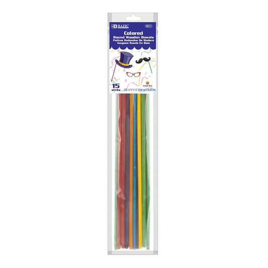 BAZIC Wooden Dowel Rods Wood Sticks, 3/16" x 12" Round Colored Hardwood Stick, Unfinished Wood for Crafts Lollipops Cake Support (15/Pack), 1-Pack
