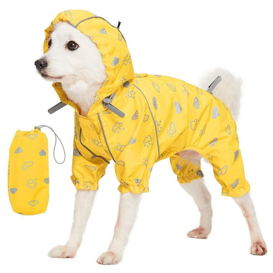 Blueberry Pet 16" Reflective Cloud Prints Lightweight Waterproof Dog Raincoat with Hood &amp; Harness Hole, Sunflower Yellow, Outdoor Rain Gear Jacket 4 Legs for Dogs