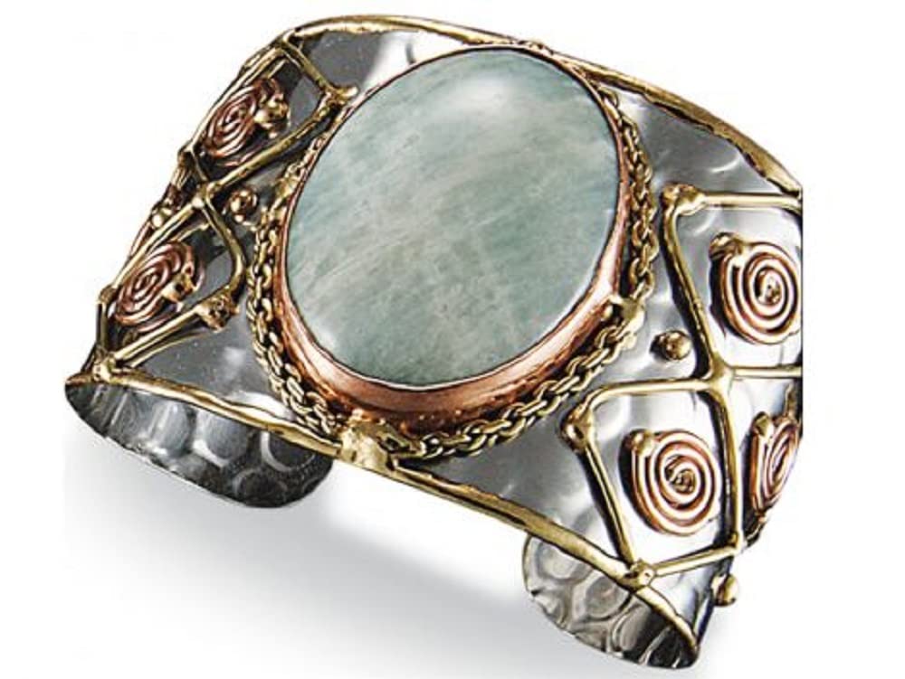 Anju Adjustable Cuff with Stainless Steel Base, Brass, Copper, and Amazonite Stone for Women