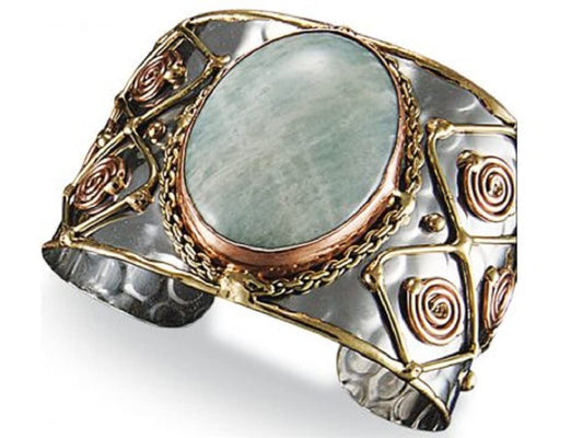 Anju Adjustable Cuff with Stainless Steel Base, Brass, Copper, and Amazonite Stone for Women