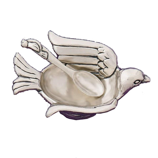 Basic Spirit Salt Bowl with Spoon - Bird - Pewter Cellar Container Box for Salt, Spices, Snacks, Rice, Side Dishes, or Ice Cream