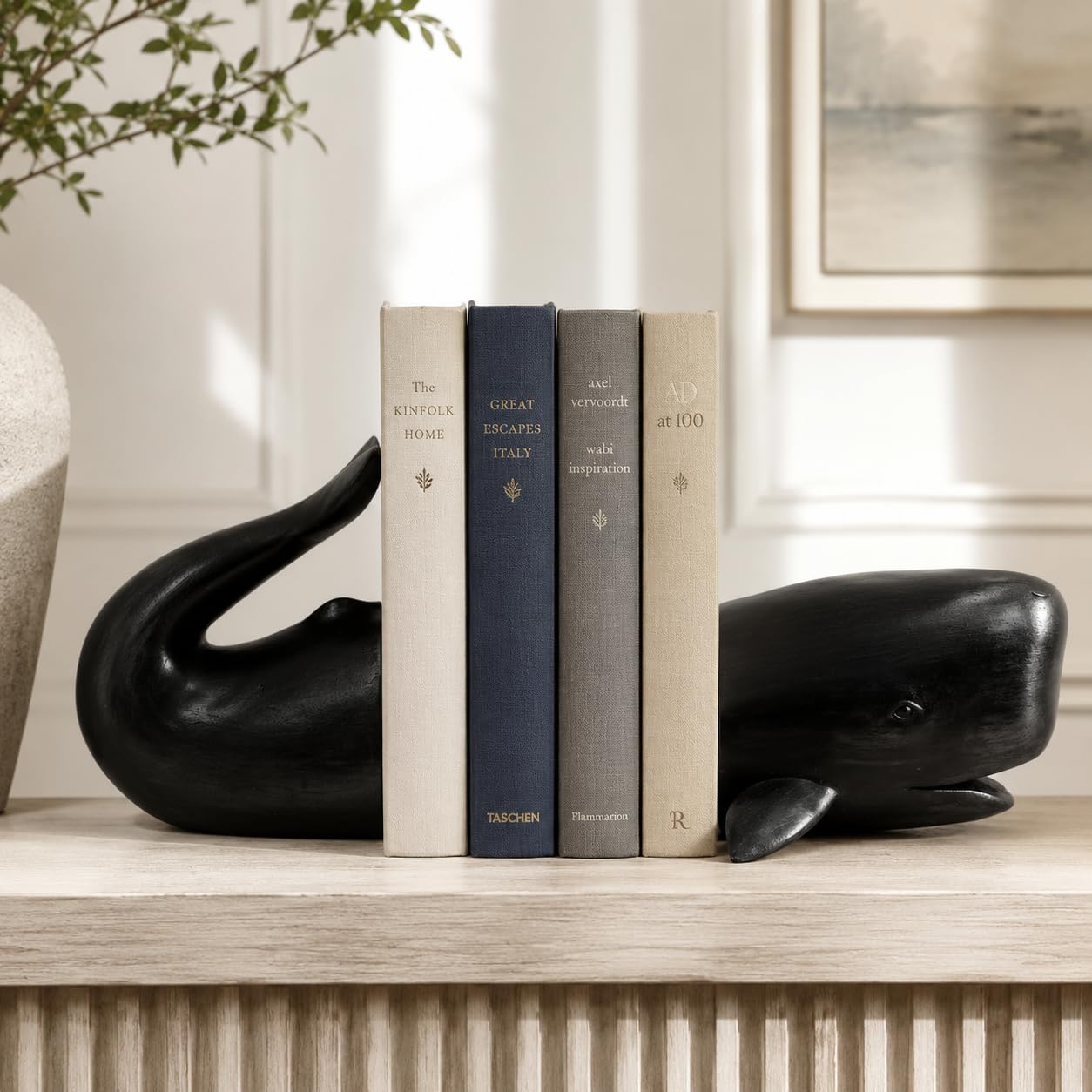 Comfy Hour Farmhouse Home Decor Collection Resin Set 2 Whale Bookends Art Bookends Solid Heavy Weight, Black