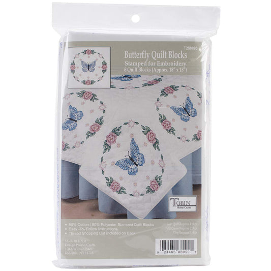 Design Works Crafts Tobin Butterfly/Rose Stamped for Embroidery Quilt Blocks, White