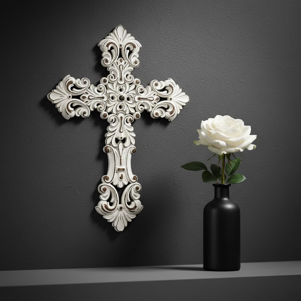 Comfy Hour 12 Inch Wall Cross, White Floral Cross Wall Decor