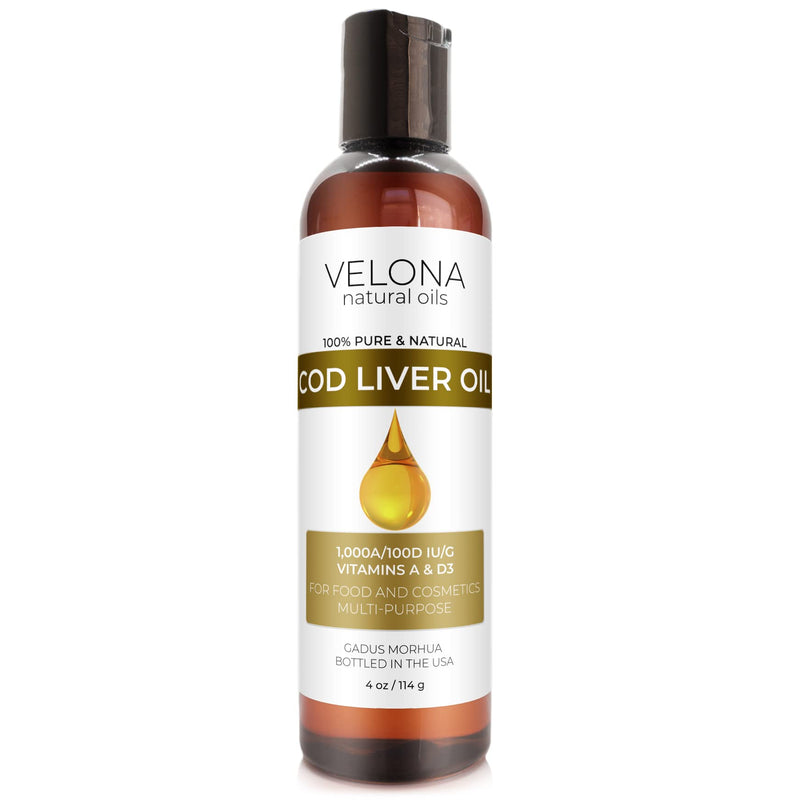 velona Cod Liver Oil - 4 oz | 1,000A/100D IU/g Omega 3 Vitamins A & D3 | Norwegian Arctic Sustainably Sourced Nordic Oil | Hair, Body and Skin Care | Use Today - Enjoy Results