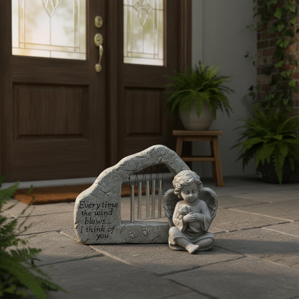 Comfy Hour Pet In Loving Memory Collection Resin Memorial Stone Windchime Dog and Angel Pet Statue, Faithful Memory of Dog's Bereavement
