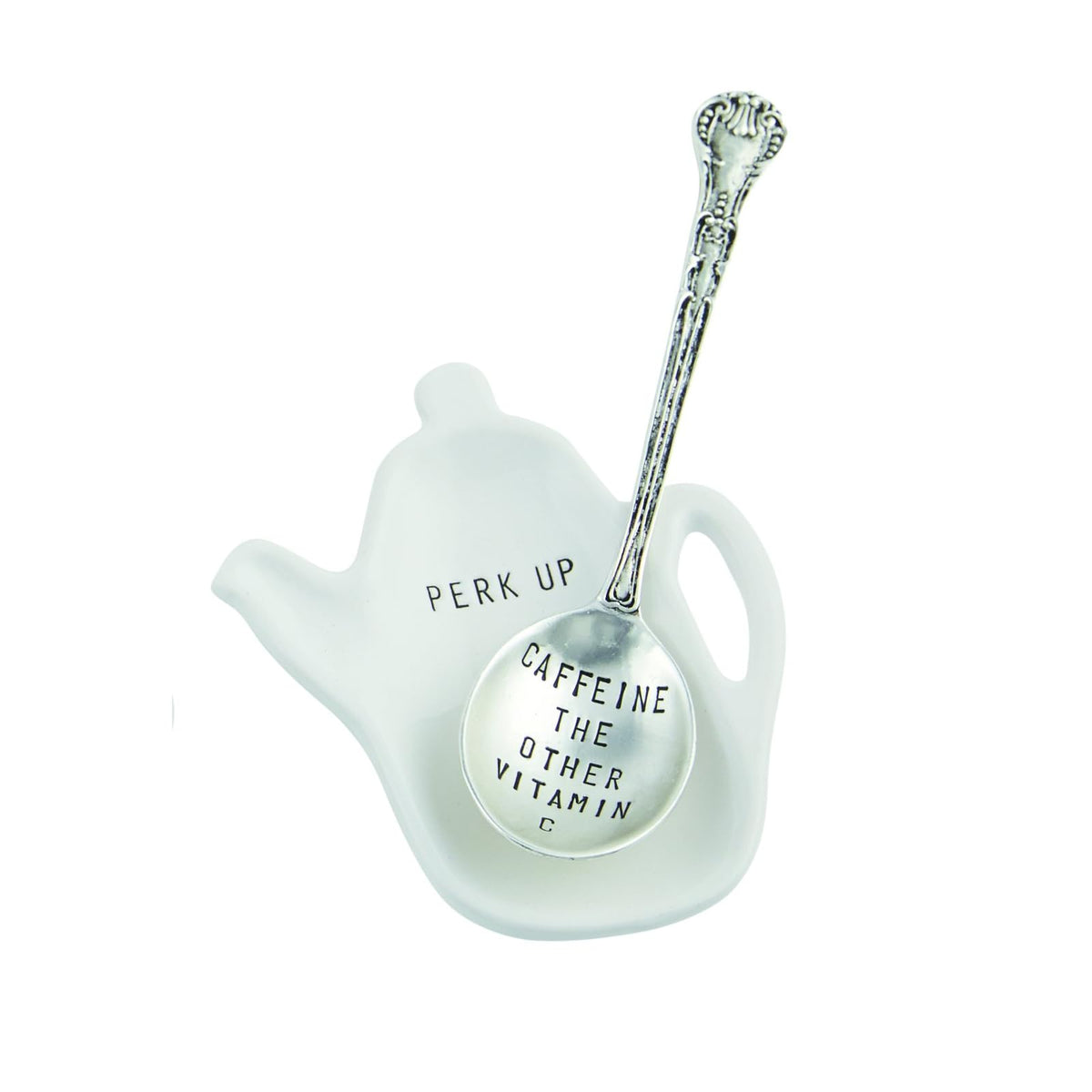 Mud Pie Spoon Rest, Silver and White, Caffeine Coffee Spoon Rest, White