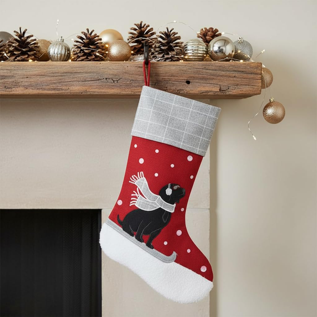 Comfy Hour Winter Holiday Home Collection 18"x11" Snowing Scarf Dog On Sleigh Stocking Christmas Decoration, Polyester