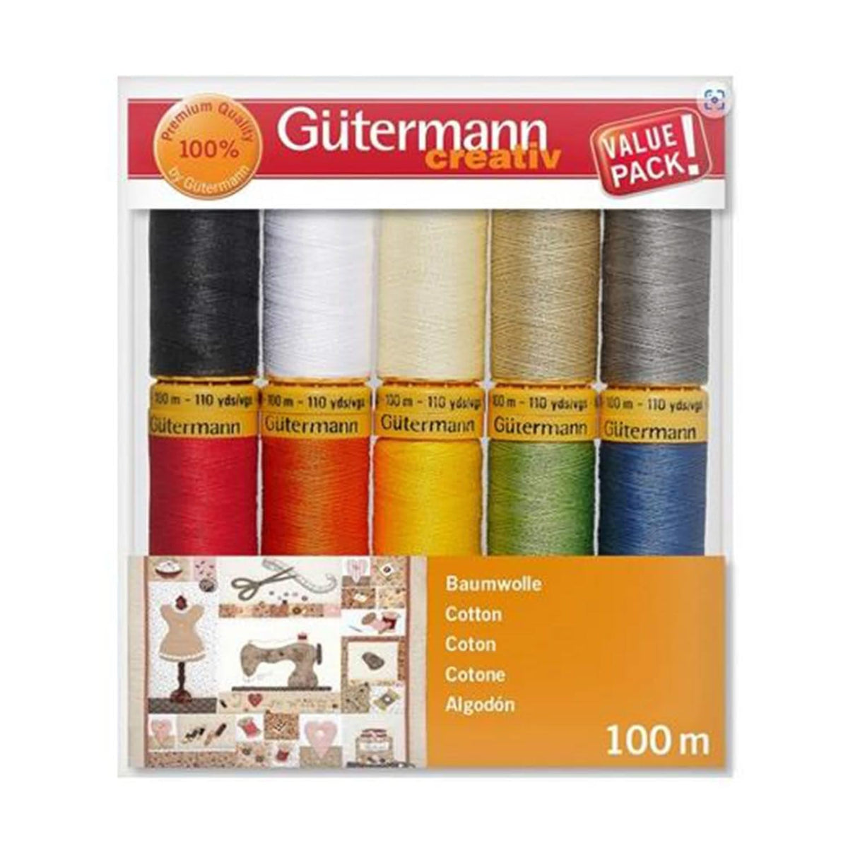 Gütermann Yarn, 100m, Red, Orange, Yellow, Green, Blue, Pink