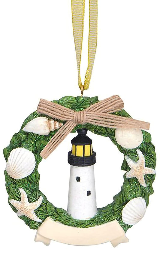 Cape Shore Christmas Resin Ornament, Lighthouse in Wreath with Shells, Holiday Tree Decoration, Home Collection