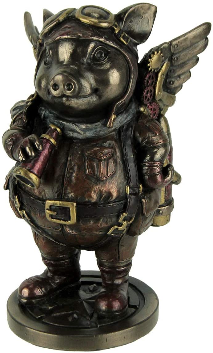 Unicorn Studio Steampunk Aviator Bronze Toned Flying Pig Figurine, 5 1/4 Inch