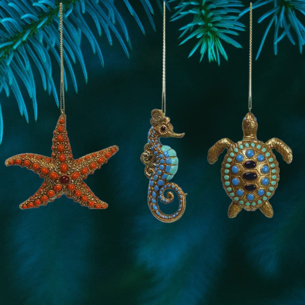 Comfy Hour Under The Sea Collection Set of 3 Resin Ocean Wild Animal Seahorse Starfish Turtle Christmas Tree Ornaments
