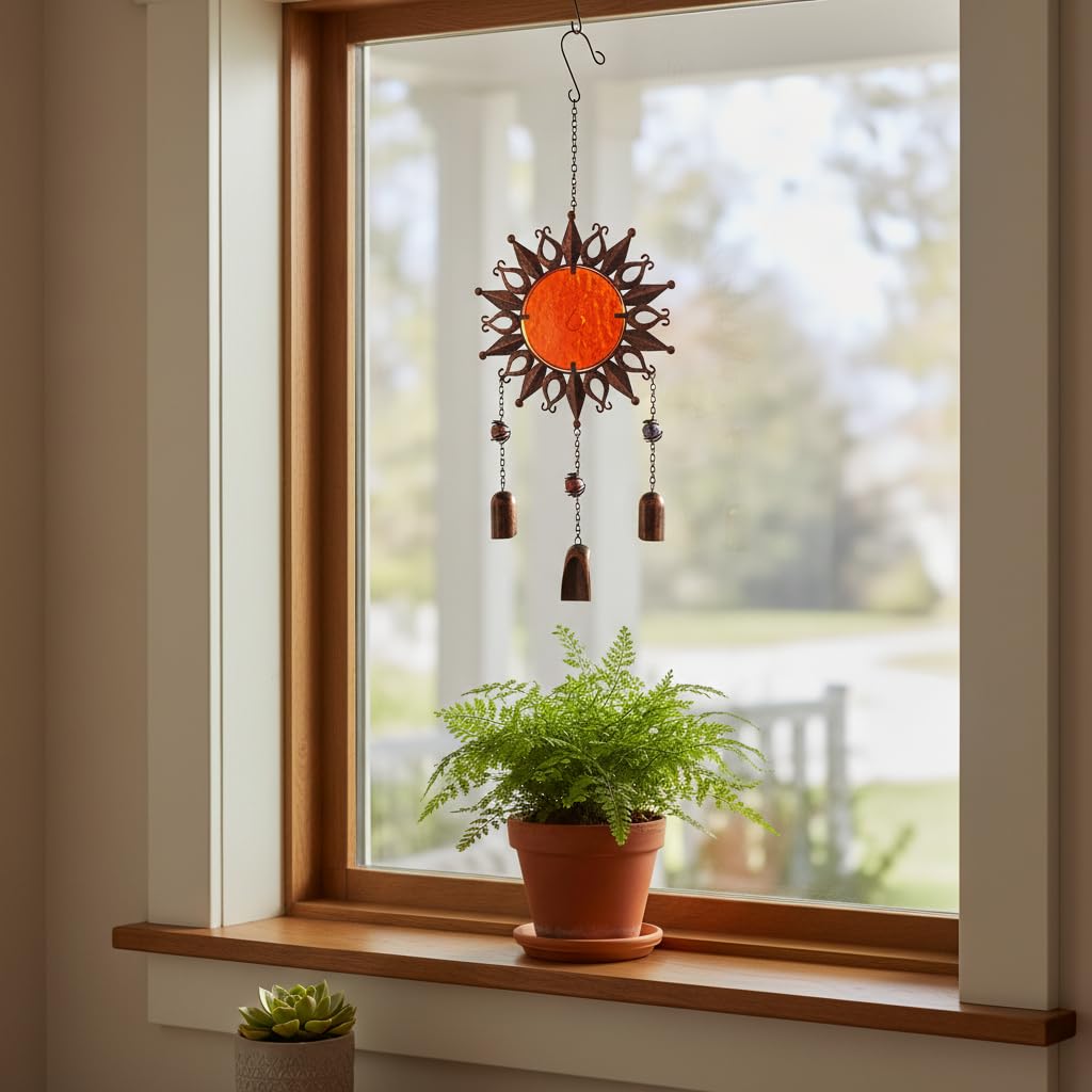 Comfy Hour Sun Moon Face Engraved Collection 23" Red Brown Copper Metal Art Sunface Hanging Wind Chime for Home and Garden