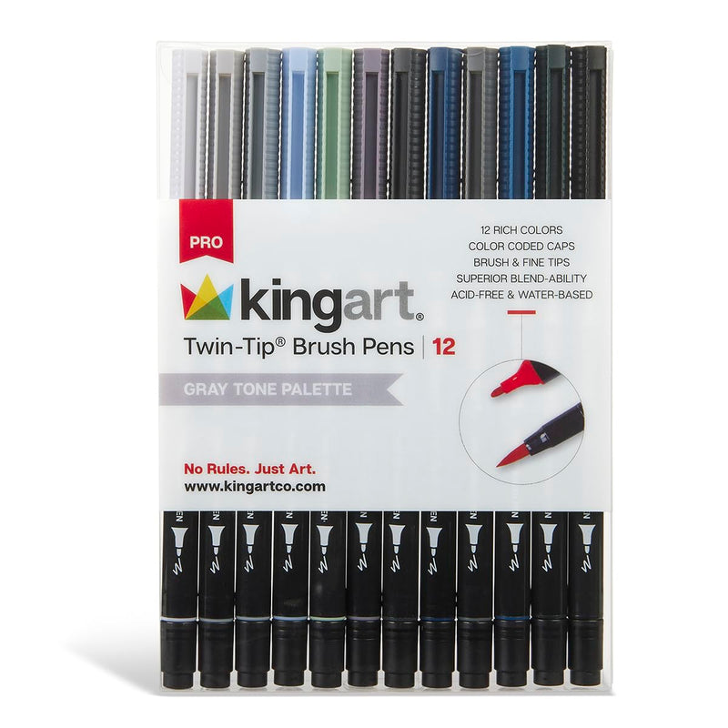 KINGART PRO Twin-Tip 445 Series Brush Pen Art Markers, GRAYSCALE Collection, Set of 12 Unique & Vivid Colors