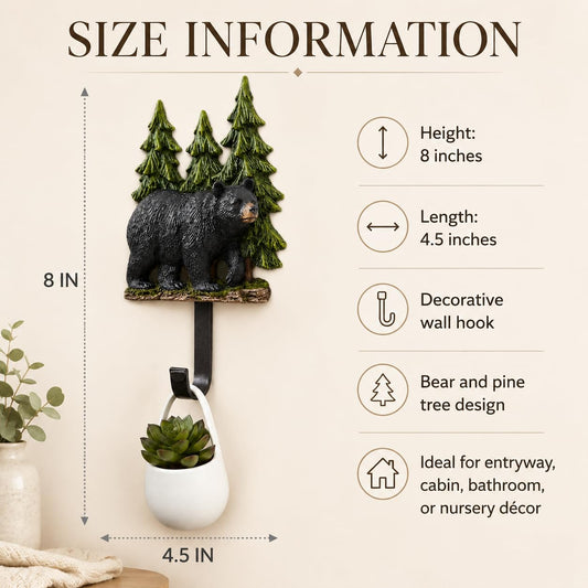 Comfy Hour 8 Inch Black Bear Wall Hook, Forest Animal Decor