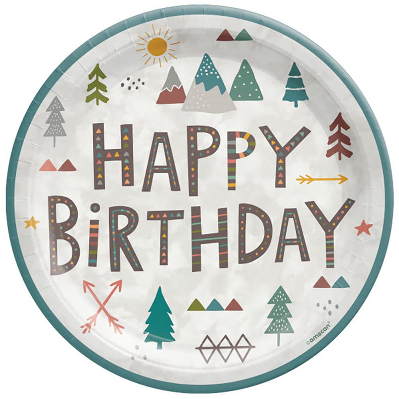 "Happy Birthday" Wilderness Adventure Round Plates - 9" | Sturdy & Multicolor Paper Plates, Perfect For Birthday Parties & Themed Events - Pack Of 8