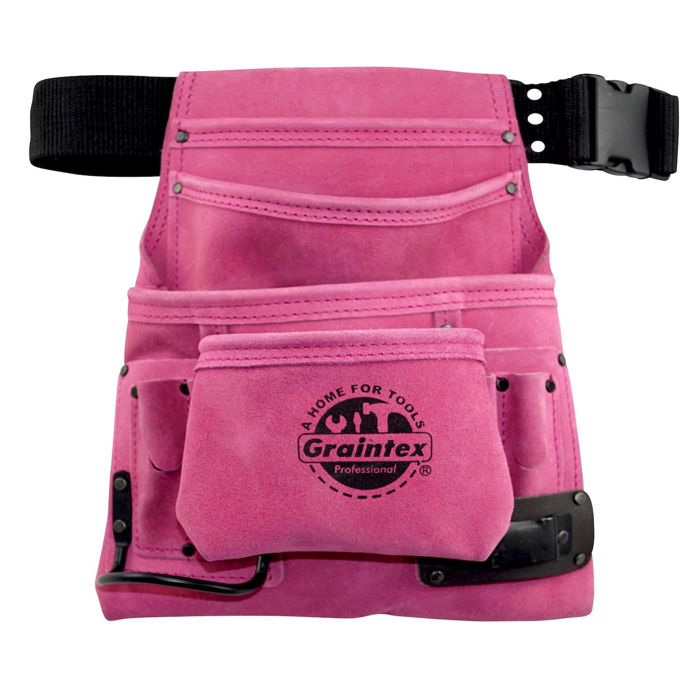 Graintex SS2034 10 Pocket Nail & Tool Pouch Pink Color Suede Leather with 2 Webbing Belt for Constructors, Electricians, Plumbers, Handymen