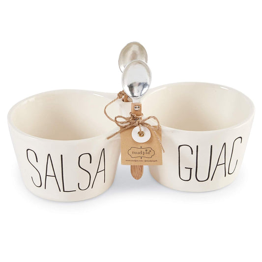 Mud Pie Salsa & Guac Double Dip Set, server 3" x 10" | spoon 5", White