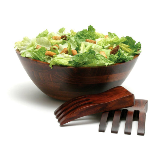 Lipper International 294-3 Cherry Finished Wavy Rim Serving Bowl with 2 Salad Hands, Large, 13" x 12.5" x 5", 3-Piece Set