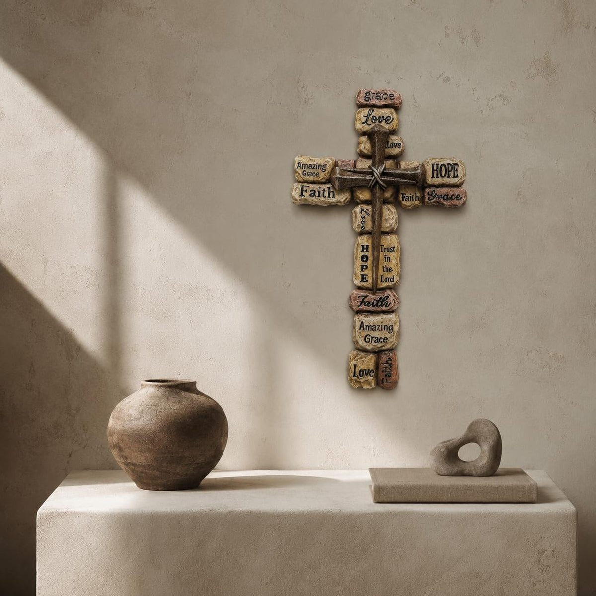 Comfy Hour 12 Inch Cross Wall Decor, Stacked Stone Wall Cross