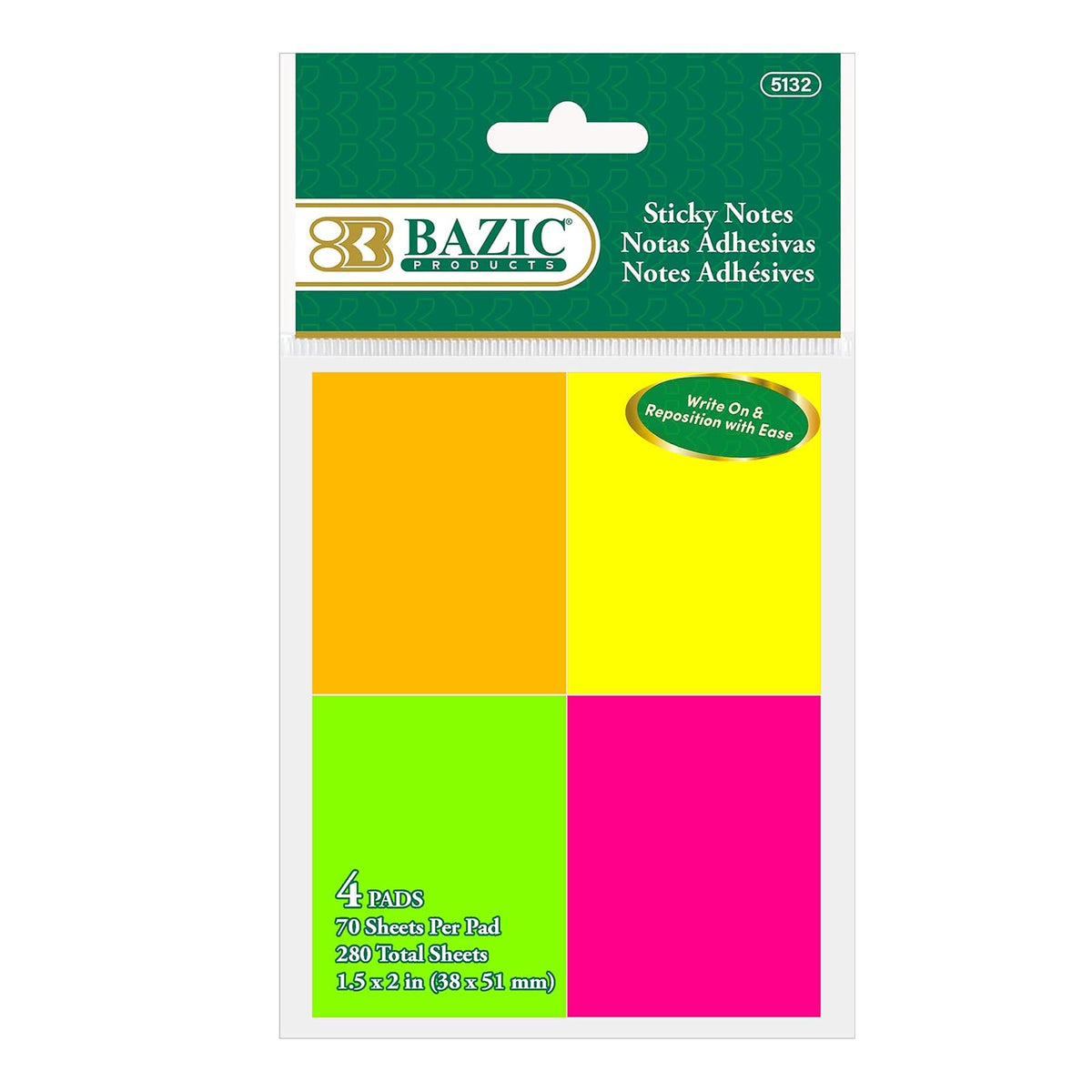 BAZIC Sticky Notes 1.5x2 Neon Color Post Stickies, Self Stick Note, Colorful Adhesive Memo Pads, Recyclable (280 Sheets/Pack), 1-Pack