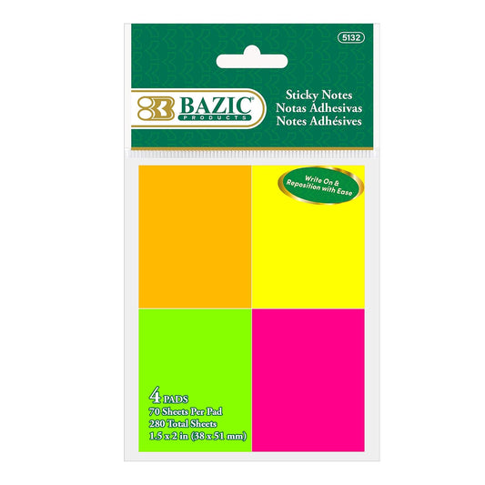 BAZIC Sticky Notes 1.5x2 Neon Color Post Stickies, Self Stick Note, Colorful Adhesive Memo Pads, Recyclable (280 Sheets/Pack), 1-Pack