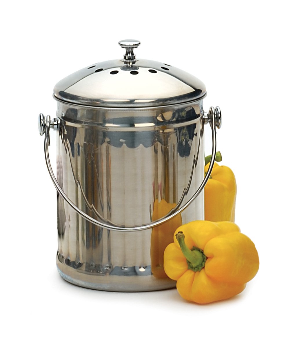 RSVP International Endurance (PAIL) Stainless Steel Compost Pail with Charcoal Filters, 1 Gallon | Keep Food Scraps & Organic Waste for Soil | 2 Charcoal Filters for Odor Control | Dishwasher Safe