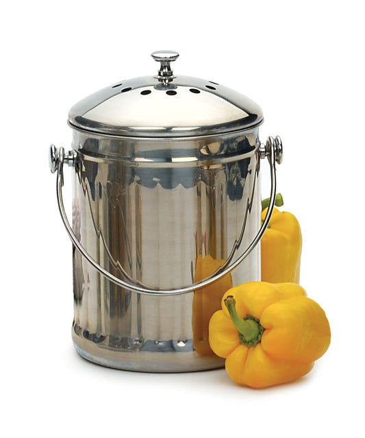 RSVP International Endurance (PAIL) Stainless Steel Compost Pail with Charcoal Filters, 1 Gallon | Keep Food Scraps & Organic Waste for Soil | 2 Charcoal Filters for Odor Control | Dishwasher Safe
