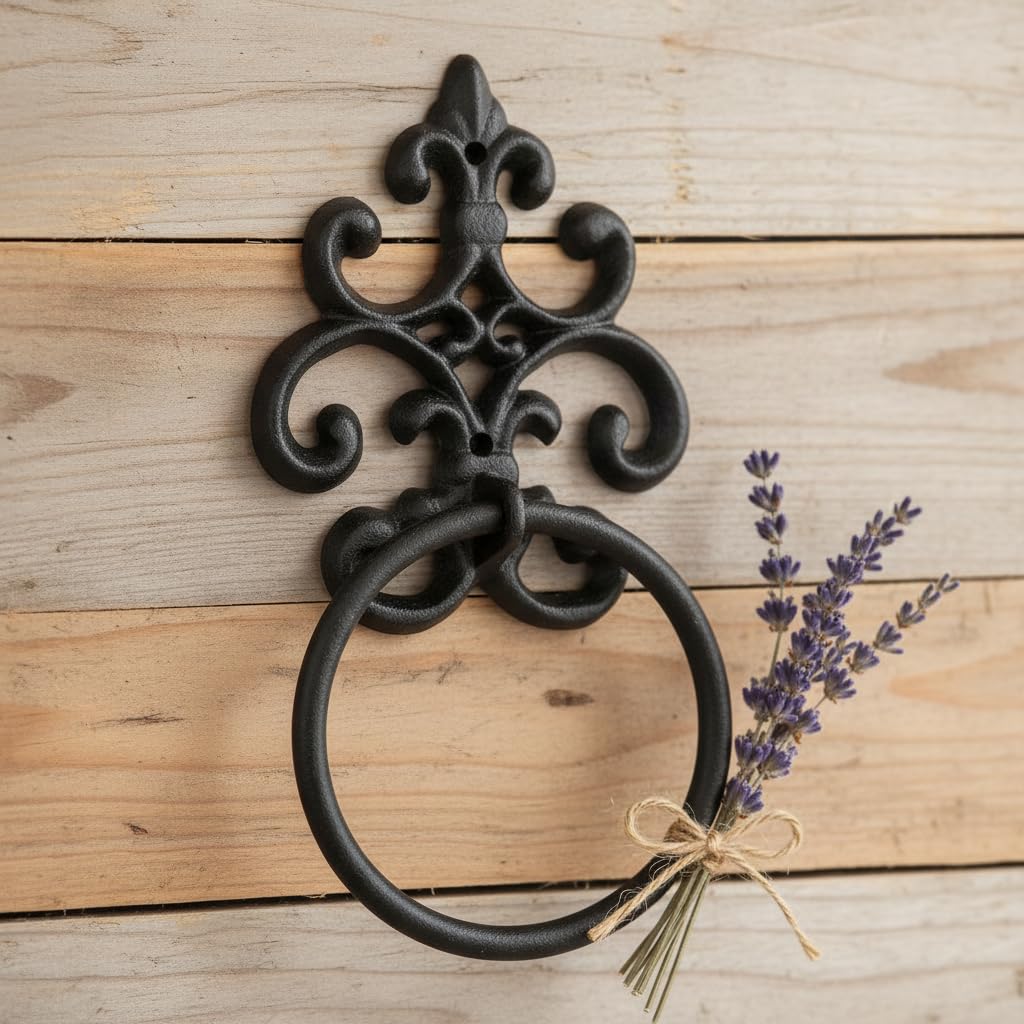 Comfy Hour Antique and Vintage Collection Cast Iron Solid Towel Ring, Aged Old Fashioned Black - for Hanging Towel, Wash Cloth and Etc