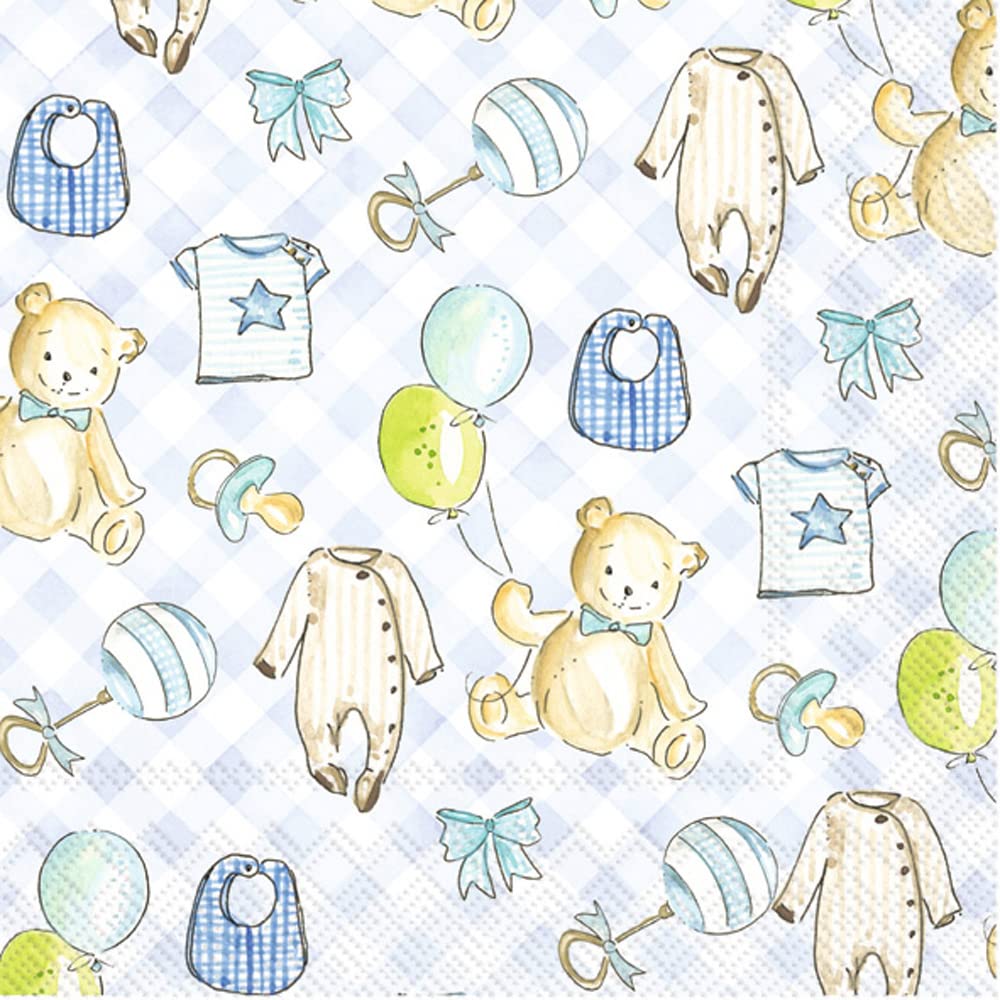 Boston International Rosanne Beck 3-Ply Paper Napkins, 20-Count Cocktail Size, Boy Baby