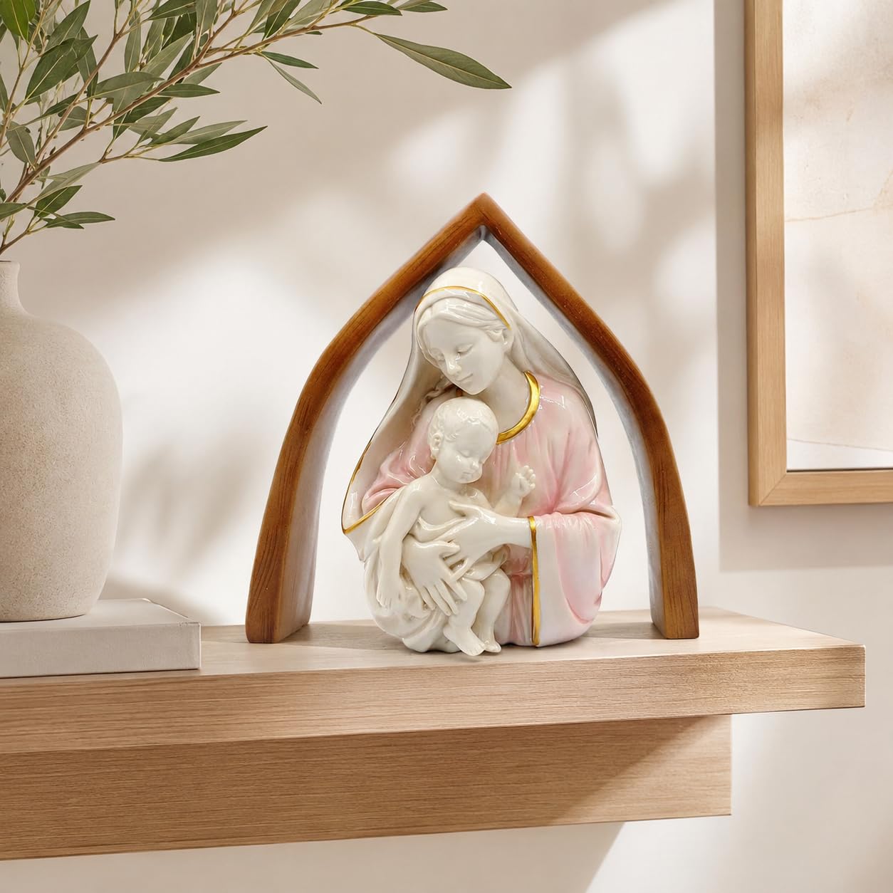 Comfy Hour 10 Inch Mary Statue, Madonna and Child, Wooden-Look Arch